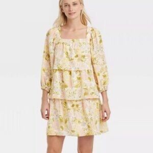 Who What Wear Pink and Yellow Floral Tiered Long Sleeve Mini Dress